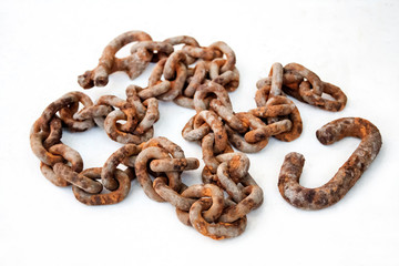 Large old rusty chain on white background
