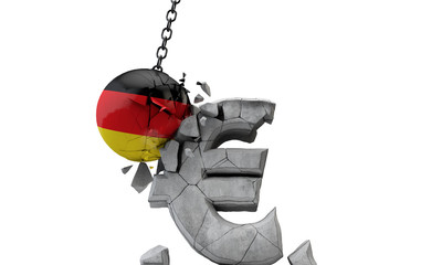 Germany flag ball smashing a European Euro currency symbol. 3D Render
