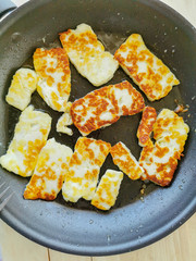 halloumi cheese grilled top view on the breakfast table