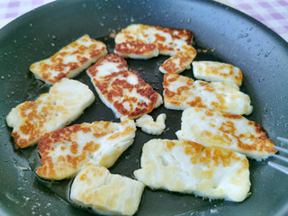 halloumi cheese grilled top view on the breakfast table