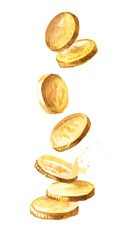 Falling gold coins, falling money. Jackpot or success concept. Watercolor hand drawn illustration, isolated on white background