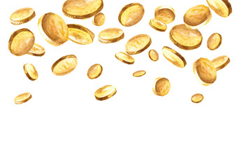 Falling gold coins, golden rain,  falling money. Jackpot or success concept. Watercolor hand drawn illustration, isolated on white background