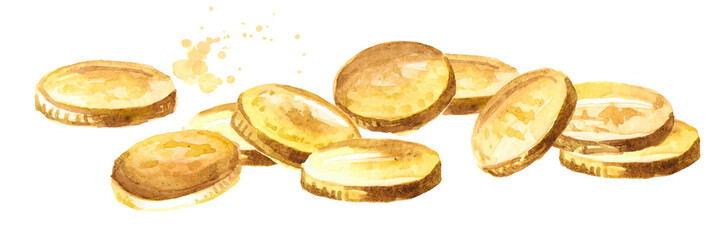 Gold coins, money. Jackpot or success concept. Watercolor hand drawn illustration, isolated on white background
