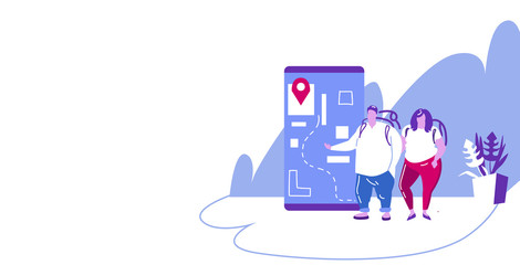 tourists couple using mobile navigation app with location marker walking road on smartphone screen travelers using gps to find destination sketch full length horizontal