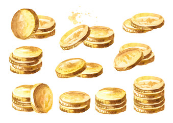 Golden coins set. Watercolor hand drawn illustration isolated on white background