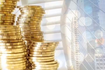 Concept of currency trading, making a decision for an optimal gain. Graph and rows of coins for...