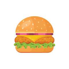 Classic burger with flying ingredients. Vector hamburger icon in cartoon style.