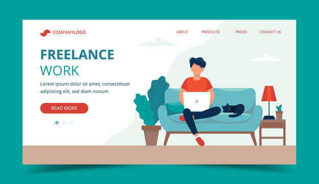 Freelance Work - Man With Laptop On The Chair. Landing Page Template. Cute Vector Illustration In Flat Style.