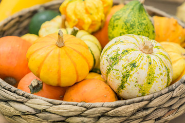 An assortment of small decorative pumpkins of different colors and shapes in a basket. Autumn interior composition.