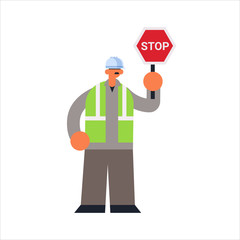 male builder holding stop sign closing or blocking way busy workman standing pose industrial construction worker in uniform building concept flat full length