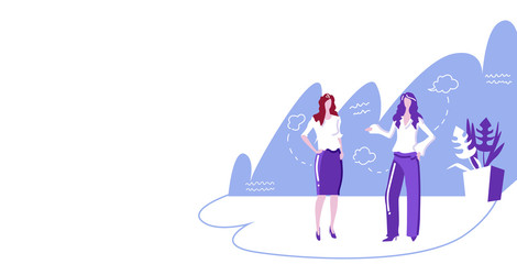 women couple discussing during meeting two girls standing together chat bubble communication concept sketch horizontal full length