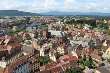 Fototapeta na wymiar Aerial view of the old town of Belfort in the Franche-Comte area of France. View from the old citadelle.