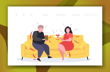 fat overweight couple giving surprises gift boxes to each other obese man woman sitting on couch holiday celebration obesity concept horizontal flat full length