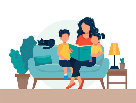 Mom reading for kids. Family sitting on the sofa with book. Cute vector illustration in flat style