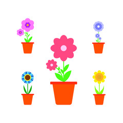 Spring Flowers In Pots, Isolated On White Background. Vector Illustration