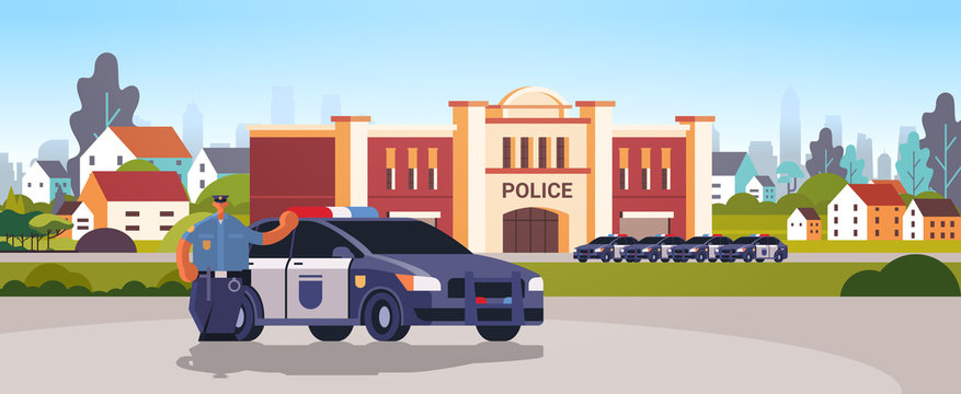 city police station department building with police cars security authority justice law service concept flat horizontal vector illustration © mast3r