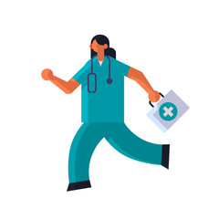 female doctor with first aid kit running to help medicine healthcare ambulance concept woman medical clinic worker with stethoscope in uniform full length flat
