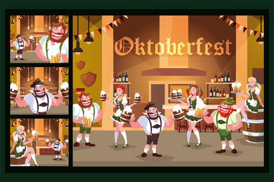 set of cards with people drinking beer in bar Oktoberfest celebration