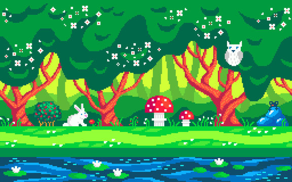 Magic Forest Pixel Art Seamless Background.