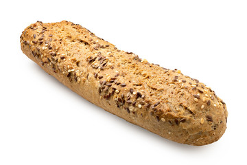Traditional whole wheat baguettel with linseeds and sesame seeds isolated on white.