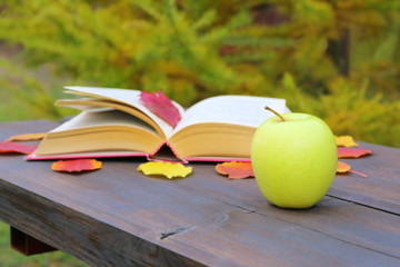 A green apple and a book lie on a wooden bench on an autumn background.