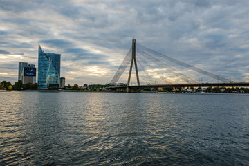 panoramic view of Riga city in Latvia. Capital of Latvia at nightfall with red sunset