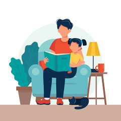 Dad reading for kid. Family sitting on the chair with book. Cute vector illustration in flat style