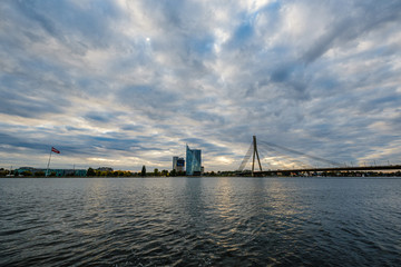 panoramic view of Riga city in Latvia. Capital of Latvia at nightfall with red sunset