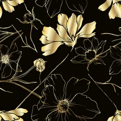 Fototapete Schwarz und Gold Botanische Blumen des Vektorkosmos. Schwarz-weiß gravierte Tintenkunst. Nahtloses Hintergrundmuster.