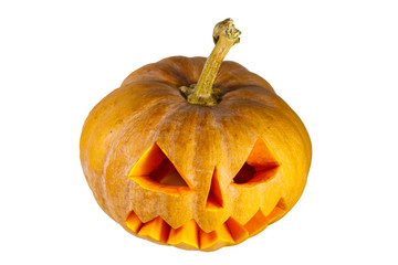 Spooky Halloween pumpkin jack-o-lantern isolated on a white background