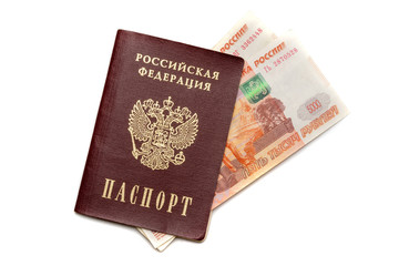 Russian passport and Russian paper banknotes of five thousand rubles. Isolated on a white background.