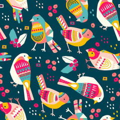 Various birds with different folk ornaments. Paper cut scandinavian style. Flat design. Hand drawn colored vector seamless pattern. Modern trendy illustration. Dark background © Dariia