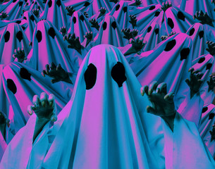 Halloween abstract collage of many holographic color effect ghosts.