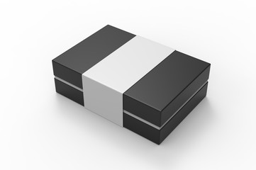 Blank neck box with paper ribbon label. 3d render illustration.
