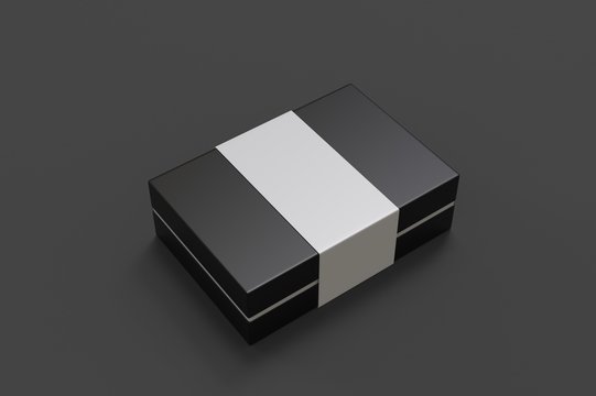Blank neck box with paper ribbon label. 3d render illustration.