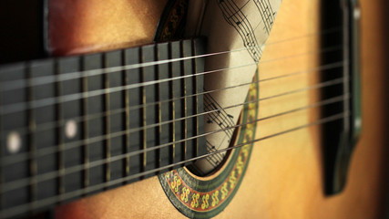 Guitar strings and roll paper notes, music