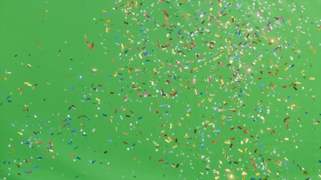 Multicolored Confetti, Popper Explosions Shooting Falling on green screen background, Wedding, Birthday, Celebration, Carnival, Party or Holiday.