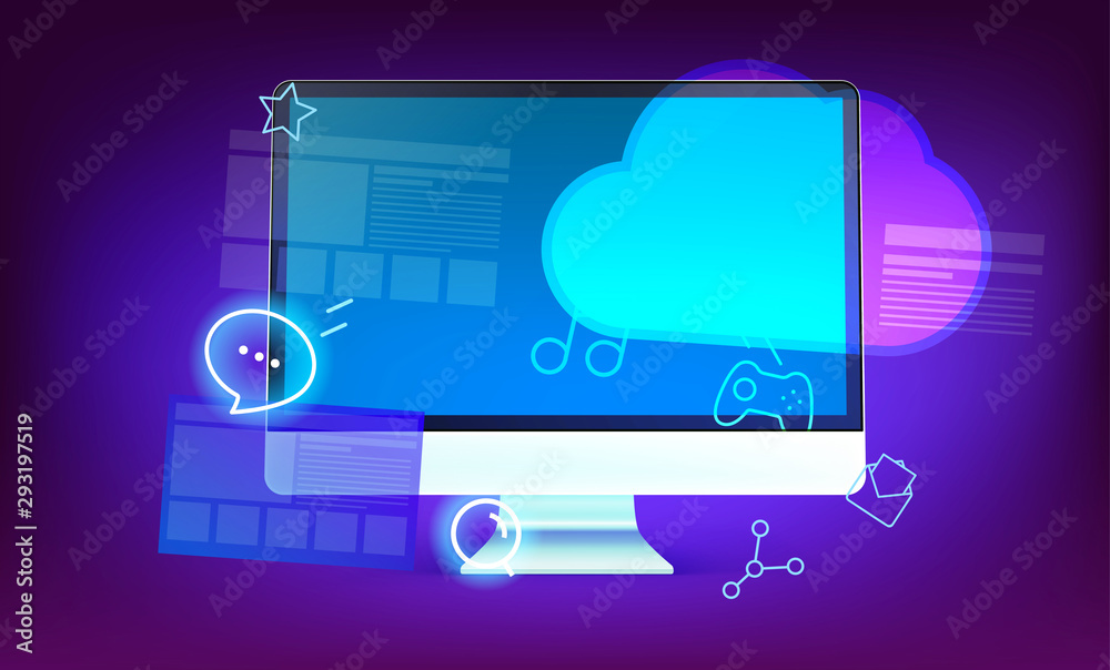 Poster modern cloud technology concept illustration. modern computer with shining icons and cloud