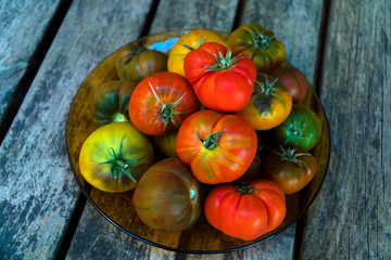 Organic chocolate tomatoes and red tomatoes are on a wooden table with natural soft light