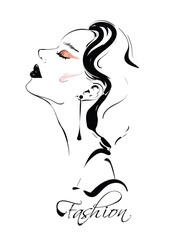 Hand drawn beautiful young woman profile. Stylish girl. Fashion woman. Sketch. Vector illustration.