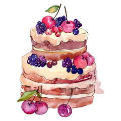 Tasty cake with fruits. Watercolor background illustration set. Isolated dessert illustration element. - 293199345