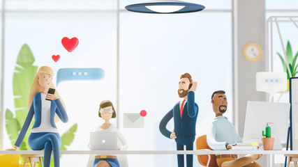 Social media concept. Modern office. 3d illustration.  Cartoon characters. Business teamwork concept. 