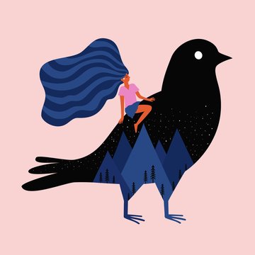 Vector illustration with girl riding on huge black bird with stars, mountains and pine trees.
