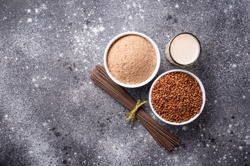 Gluten free buckwheat flour, soba noodle and non-dairy milk