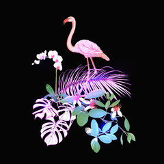 A composition of tropical plants, palm leaves