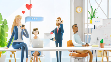 Social media concept. Modern office. 3d illustration.  Cartoon characters. Business teamwork concept. 