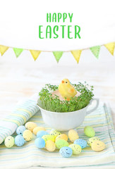 Happy Easter. spring holiday Easter scene. garland, cute chicken toys, Easter eggs, table decoration. greeting background, Holidays composition. soft selective focus