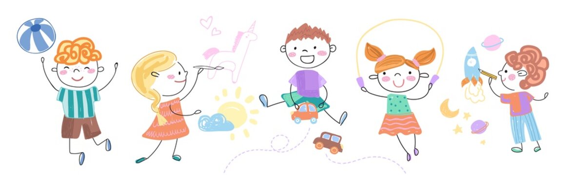 Happy children doing different activities. Set of colorful vector illustrations