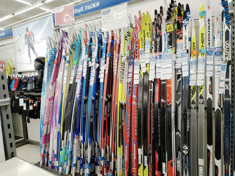 KEMEROVO, RUSSIA, DECEMBER 12, 2018. Great choice of cross-country skiing in a large sporting goods store Sportmaster