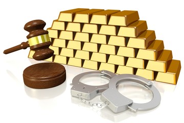 3D law, crime concept - handcuffs, gold